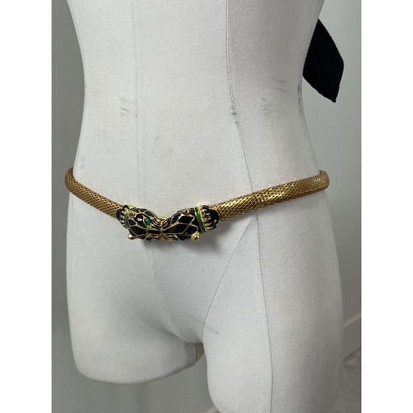 Vintage Panther Head Chain Belt Egyptian Green Eyes Cat Gold Belt - Picture 2 of 10